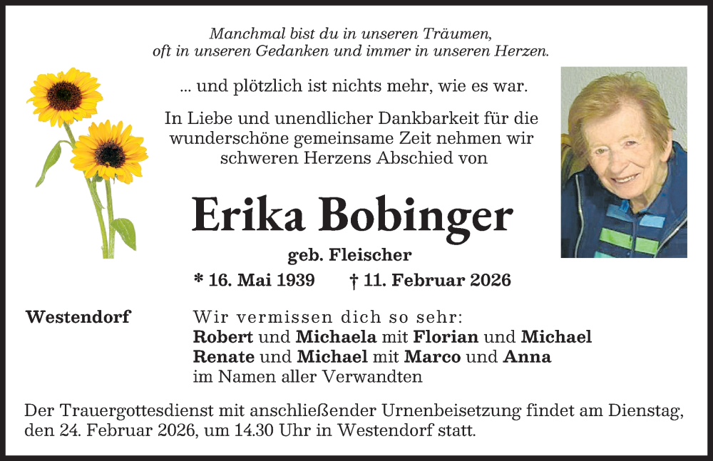  Traueranzeige für Erika Bobinger vom 19.02.2026 aus Augsburg-Land
