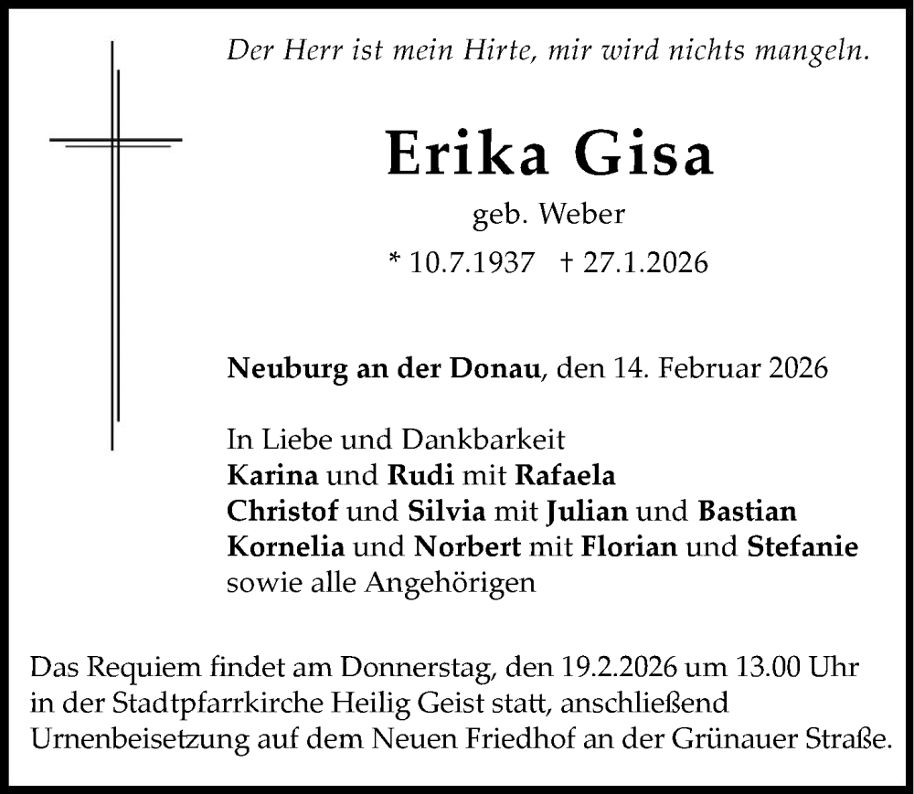 Traueranzeige für Erika  Gisa vom 14.02.2026 aus Neuburger Rundschau