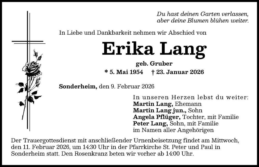  Traueranzeige für Erika Lang vom 09.02.2026 aus Donau Zeitung