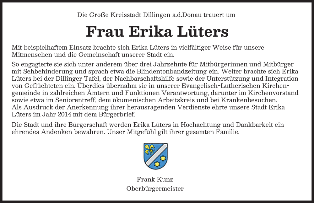  Traueranzeige für Erika Lüters vom 21.02.2026 aus Donau Zeitung