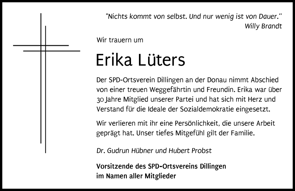 Traueranzeige von Erika Lüters von Donau Zeitung