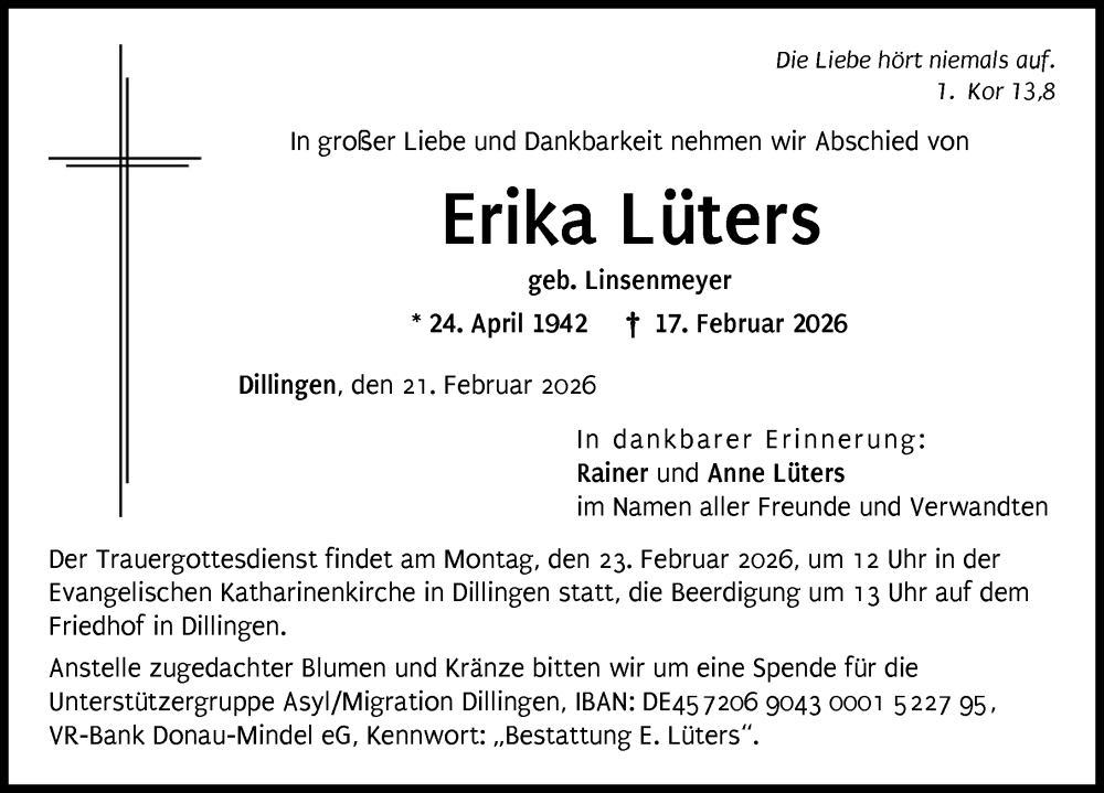  Traueranzeige für Erika Lüters vom 21.02.2026 aus Donau Zeitung