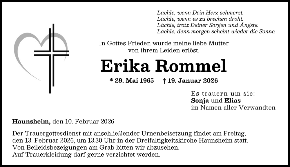  Traueranzeige für Erika Rommel vom 10.02.2026 aus Donau Zeitung