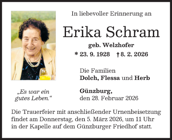 Traueranzeige von Erika Schram von Günzburger Zeitung