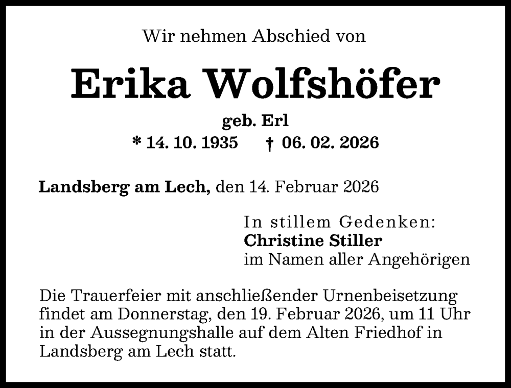  Traueranzeige für Erika Wolfshöfer vom 14.02.2026 aus Landsberger Tagblatt