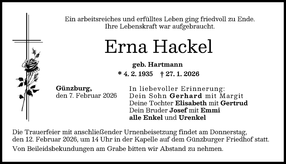  Traueranzeige für Erna Hackel vom 07.02.2026 aus Günzburger Zeitung