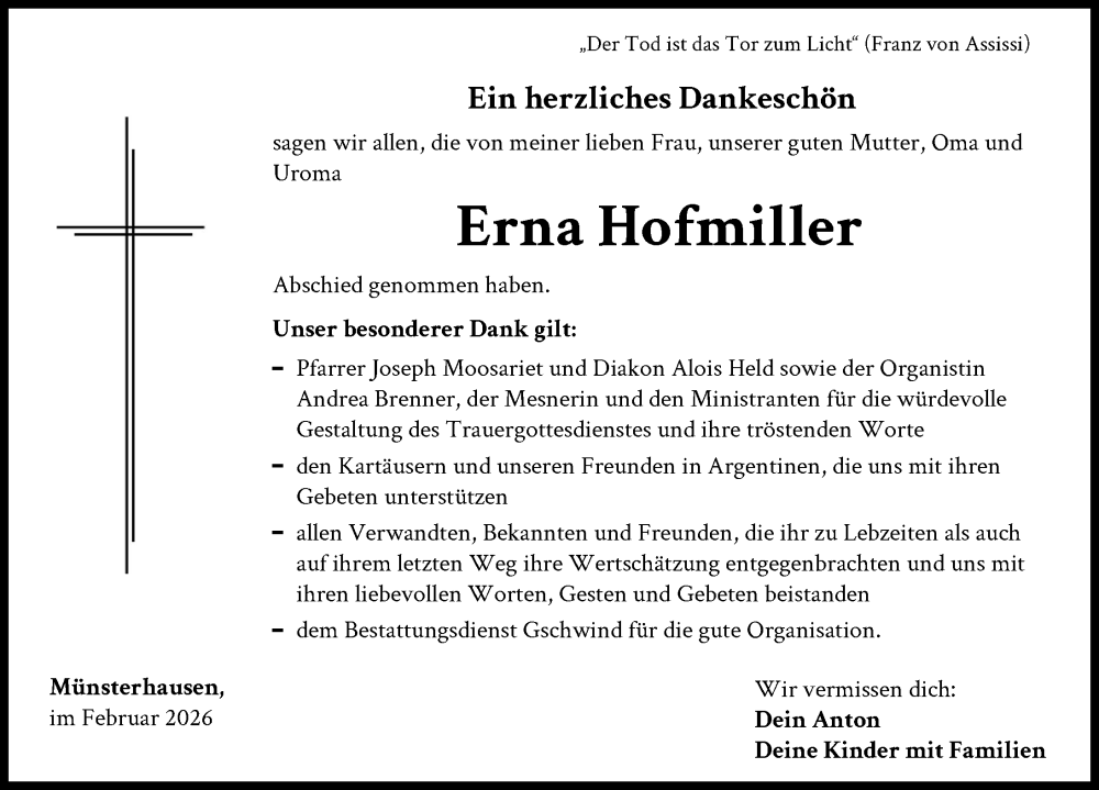  Traueranzeige für Erna Hofmiller vom 24.02.2026 aus Mittelschwäbische Nachrichten