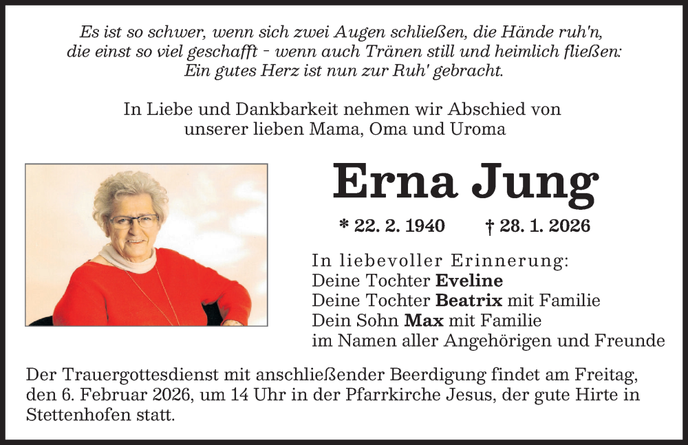  Traueranzeige für Erna Jung vom 04.02.2026 aus Augsburg-Land