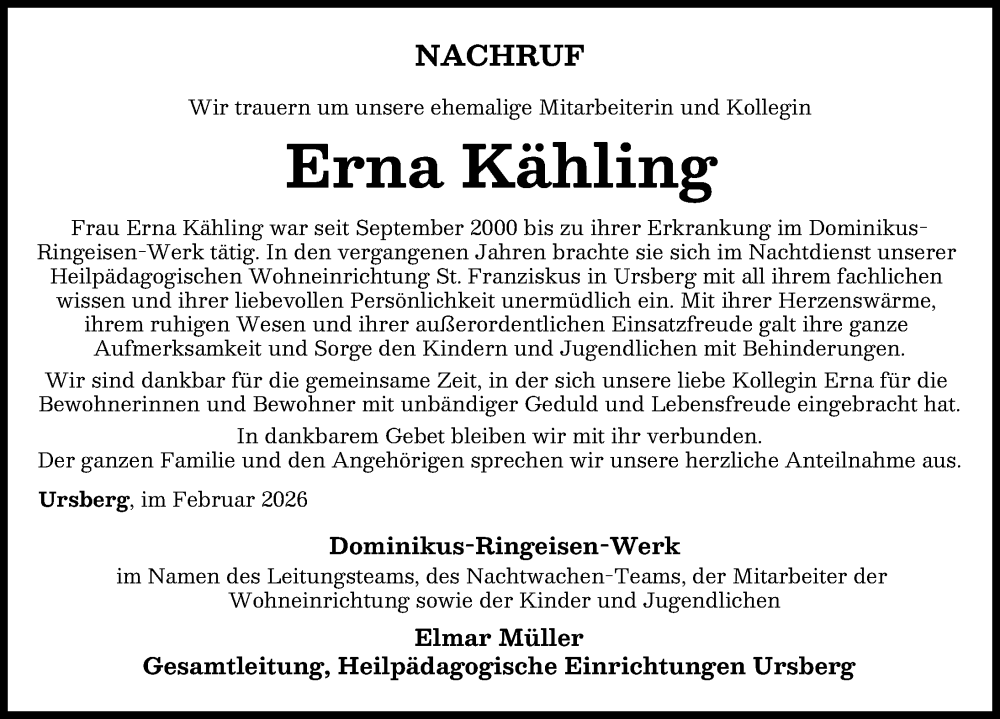 Traueranzeige von Erna Kähling von Mindelheimer Zeitung