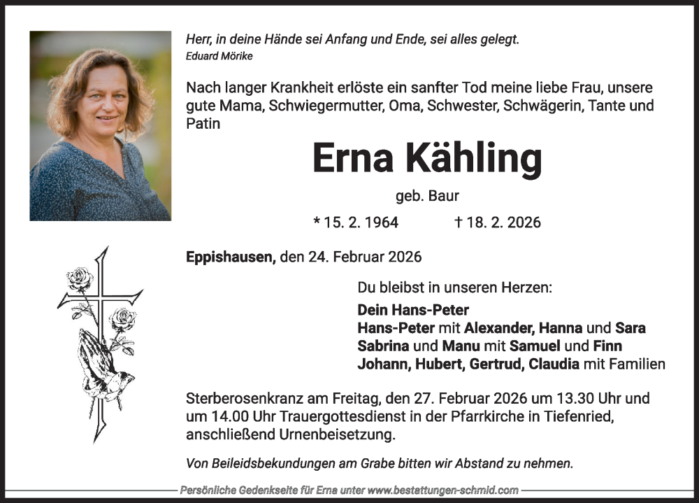  Traueranzeige für Erna Kähling vom 24.02.2026 aus Mindelheimer Zeitung