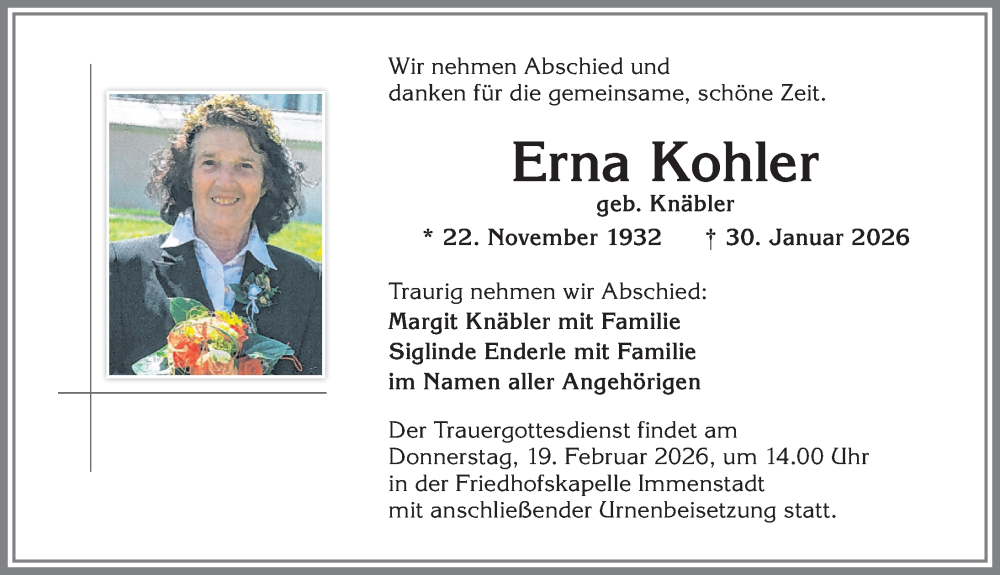  Traueranzeige für Erna Kohler vom 14.02.2026 aus Illertisser Zeitung