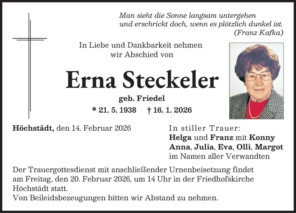  Traueranzeige für Erna Steckeler vom 14.02.2026 aus Donau Zeitung