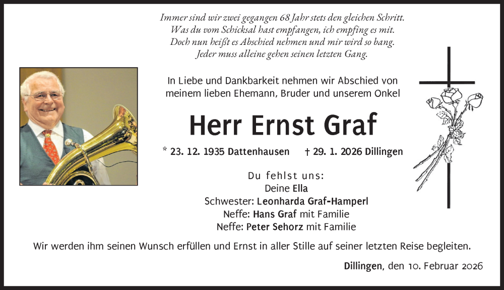  Traueranzeige für Ernst Graf vom 10.02.2026 aus Donau Zeitung
