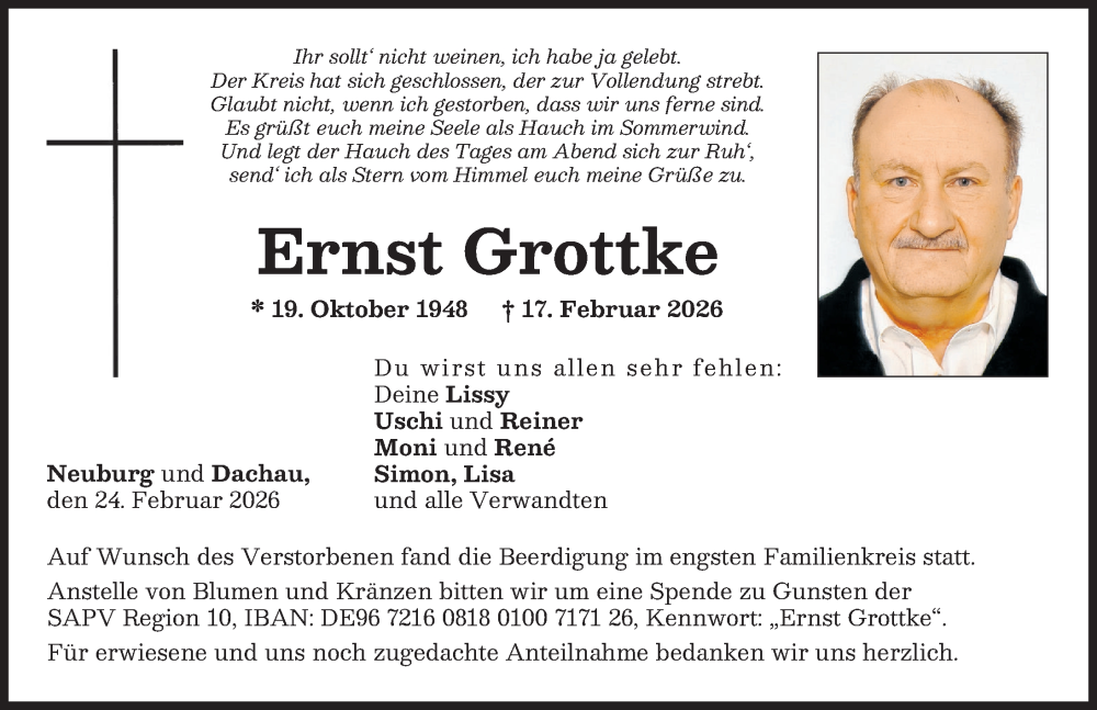  Traueranzeige für Ernst Grottke vom 24.02.2026 aus Neuburger Rundschau