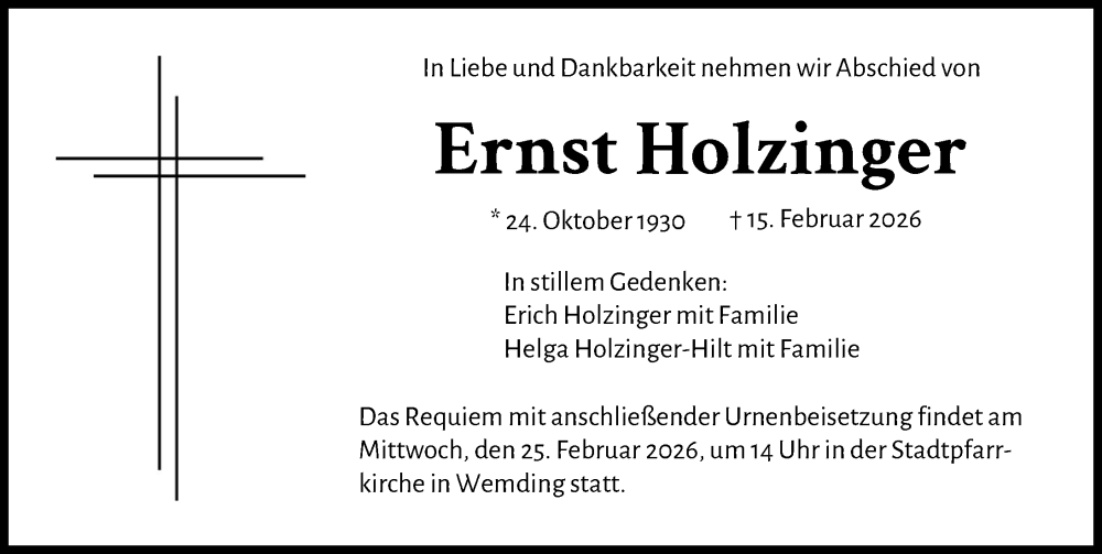  Traueranzeige für Ernst Holzinger vom 21.02.2026 aus Donauwörther Zeitung