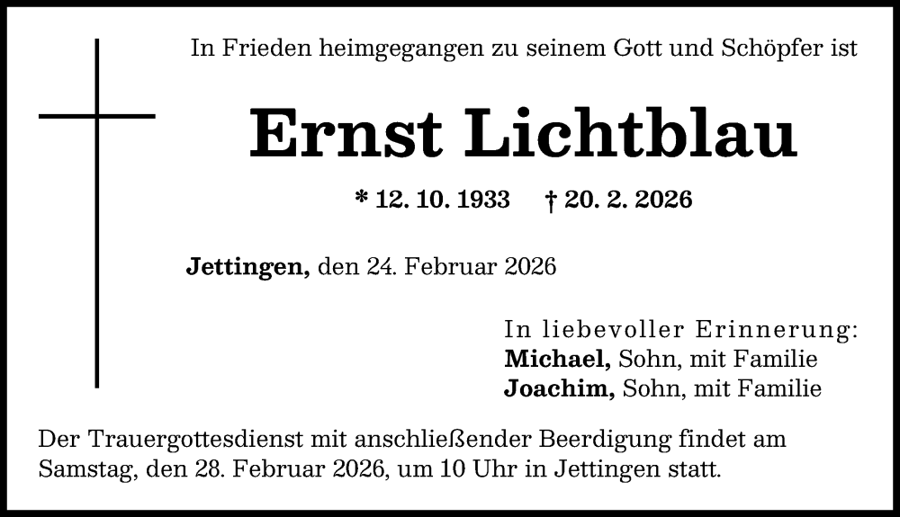  Traueranzeige für Ernst Lichtblau vom 24.02.2026 aus Günzburger Zeitung