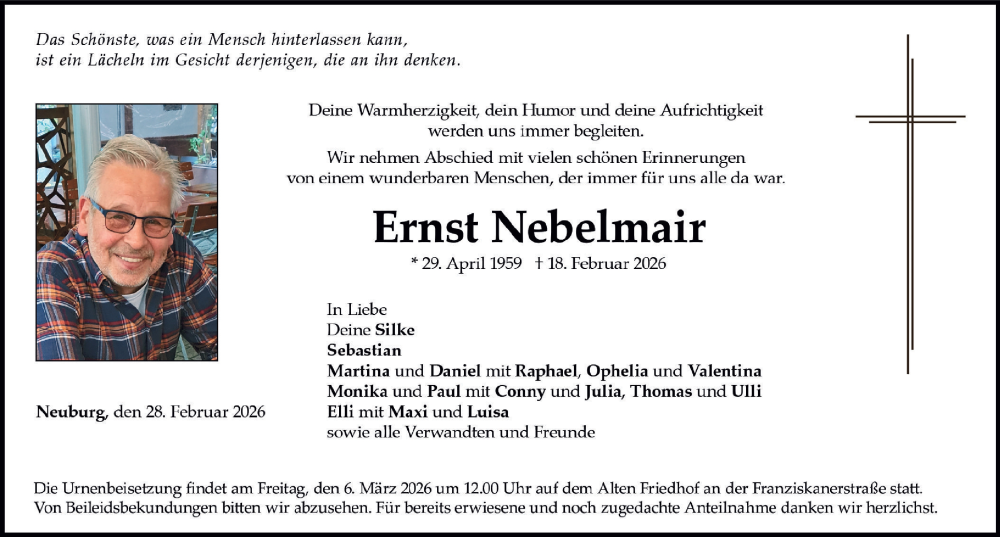  Traueranzeige für Ernst Nebelmair vom 28.02.2026 aus Neuburger Rundschau