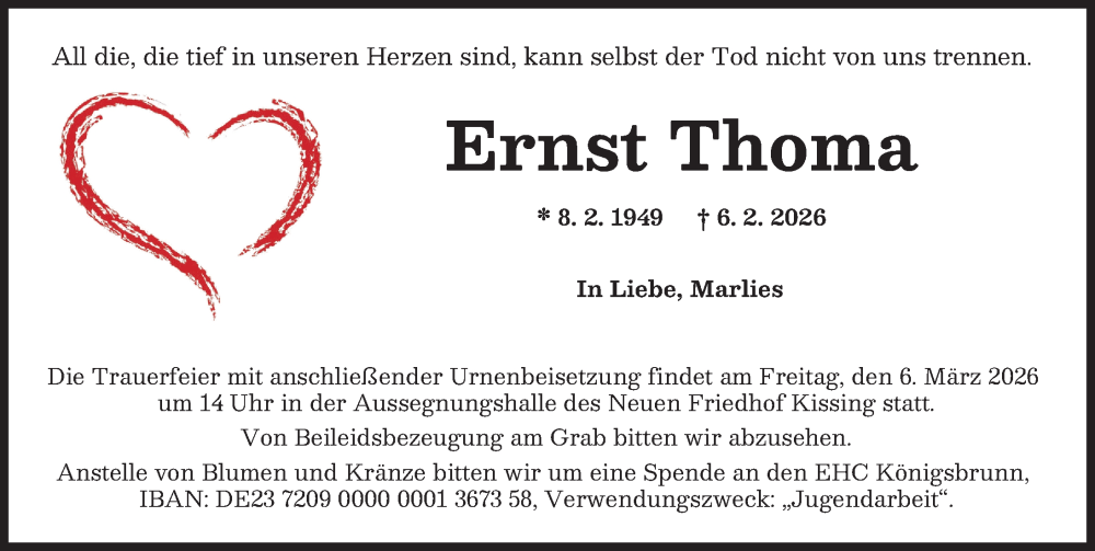 Traueranzeige von Ernst Thoma von Friedberger Allgemeine