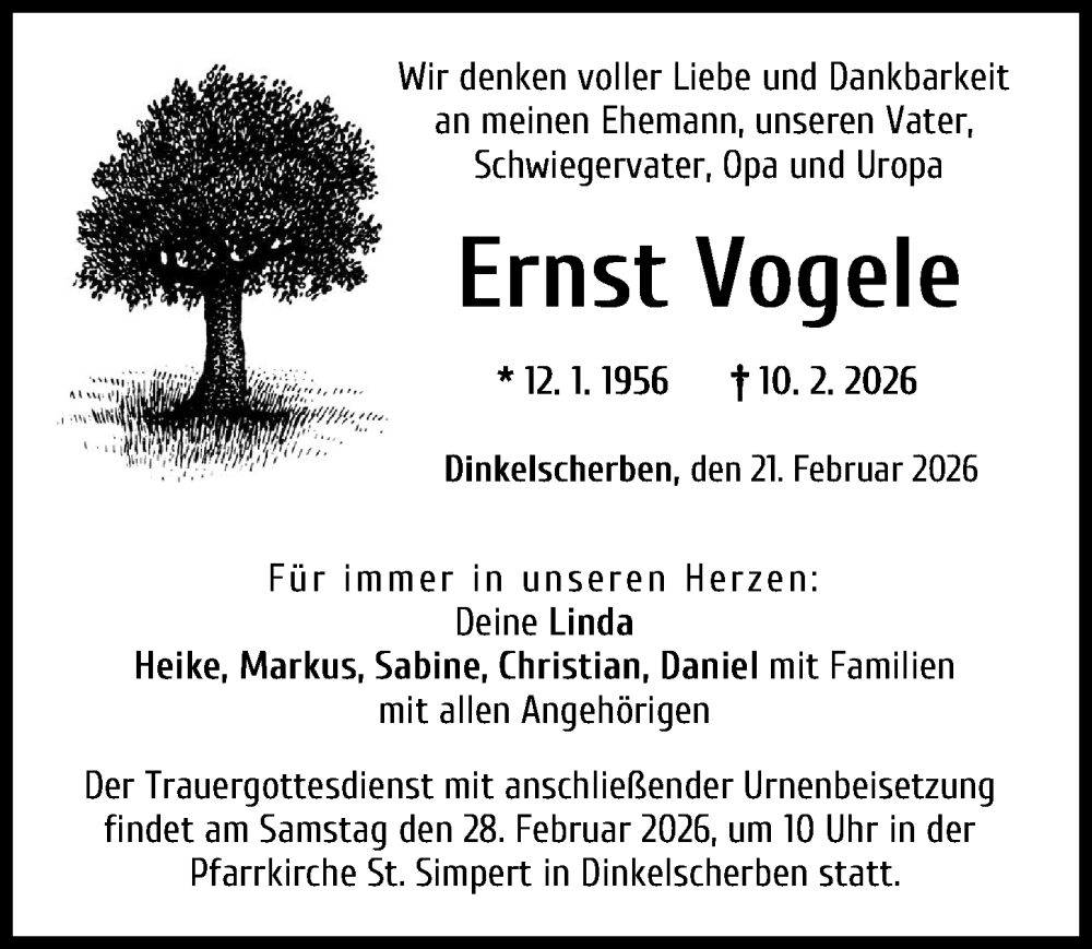  Traueranzeige für Ernst Vogele vom 21.02.2026 aus Augsburg-Land
