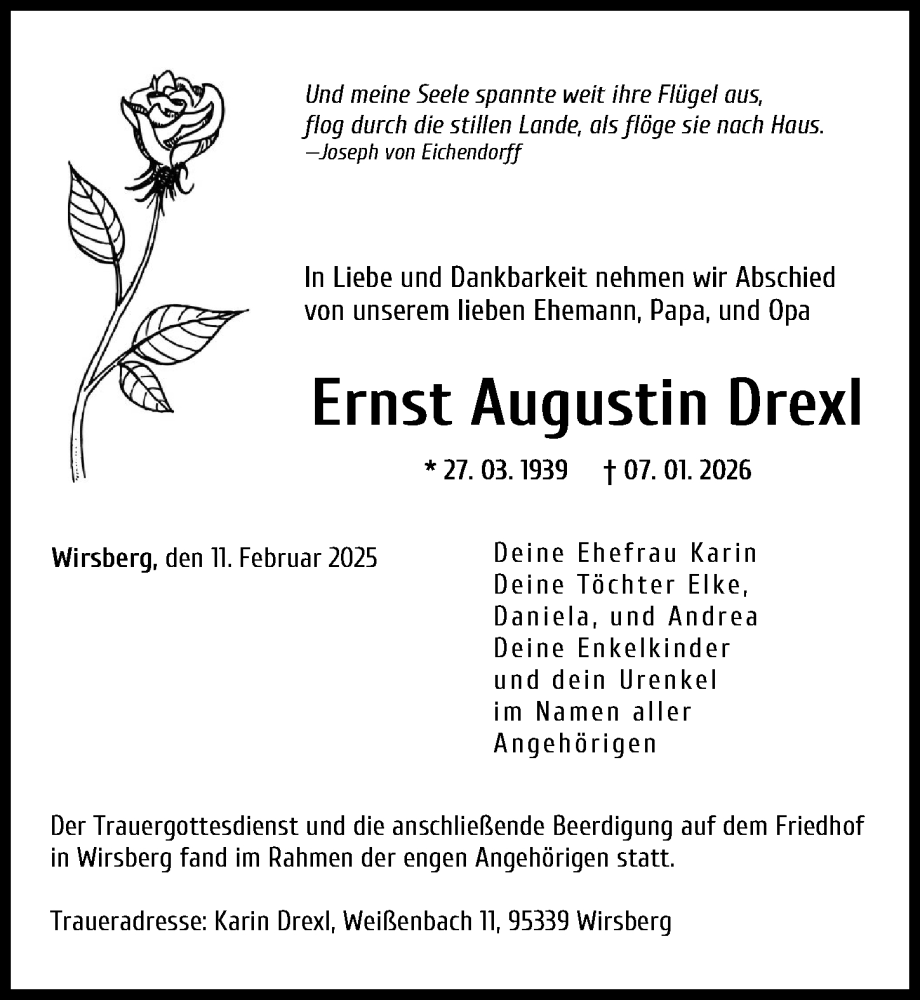  Traueranzeige für Ernst Augustin Drexl vom 14.02.2026 aus Landsberger Tagblatt