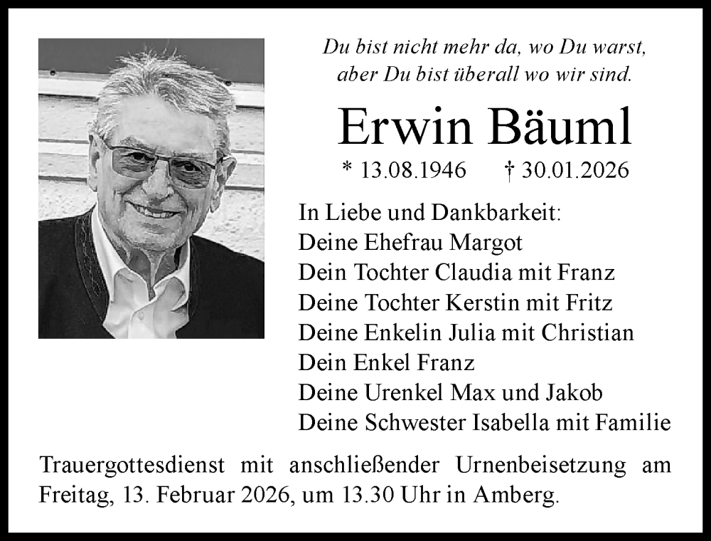 Traueranzeige für Erwin Bäuml vom 07.02.2026 aus Mindelheimer Zeitung, Landsberger Tagblatt