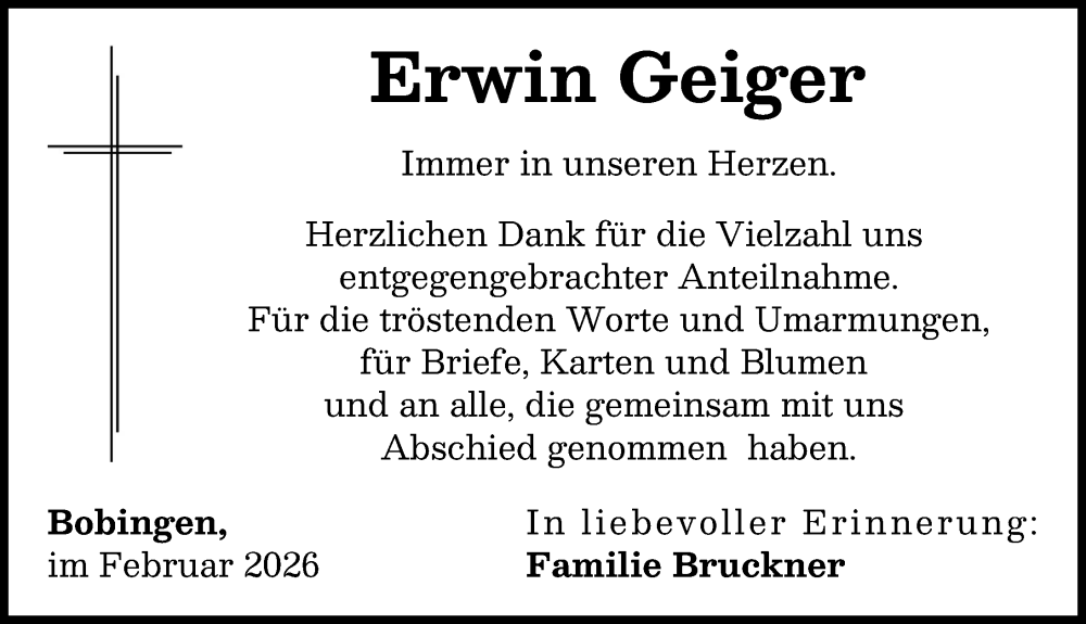 Traueranzeige von Erwin Geiger von Schwabmünchner Allgemeine