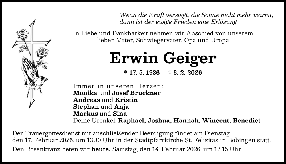  Traueranzeige für Erwin Geiger vom 14.02.2026 aus Schwabmünchner Allgemeine