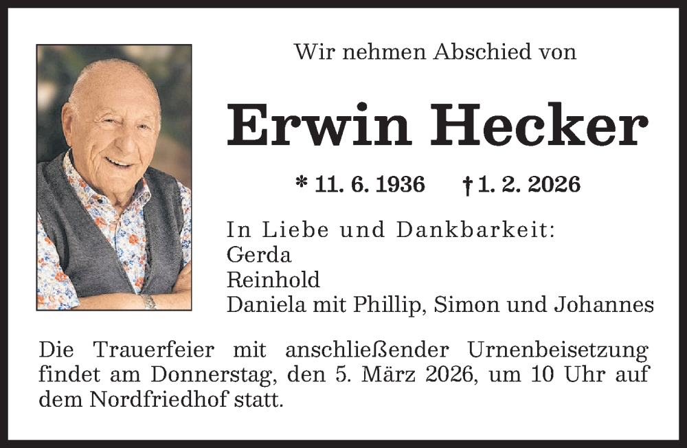  Traueranzeige für Erwin Hecker vom 21.02.2026 aus Augsburger Allgemeine