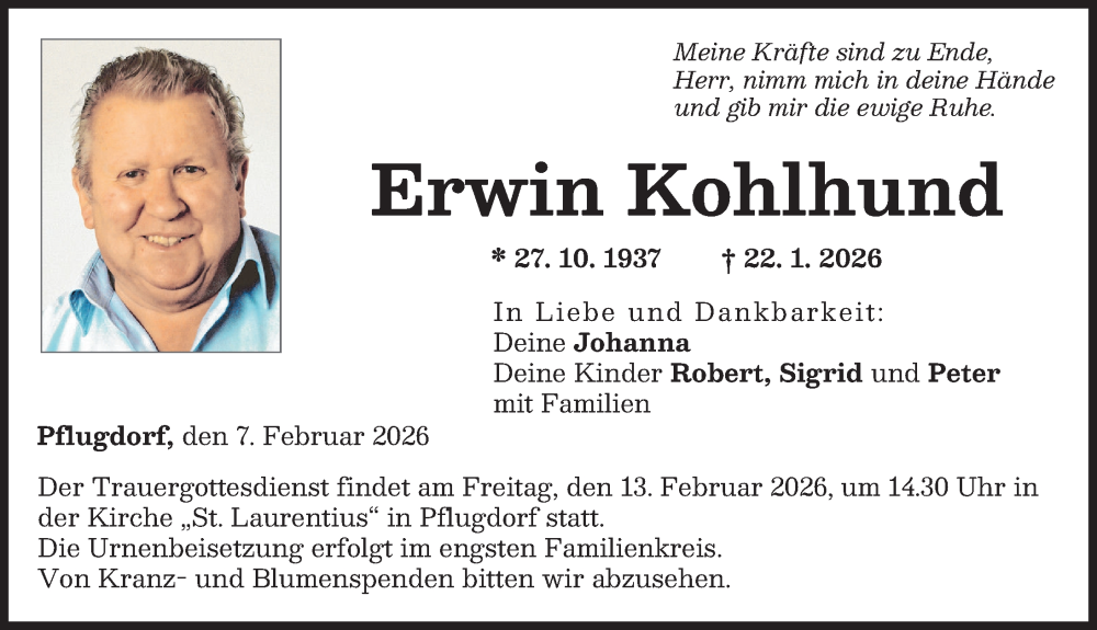  Traueranzeige für Erwin Kohlhund vom 07.02.2026 aus Landsberger Tagblatt