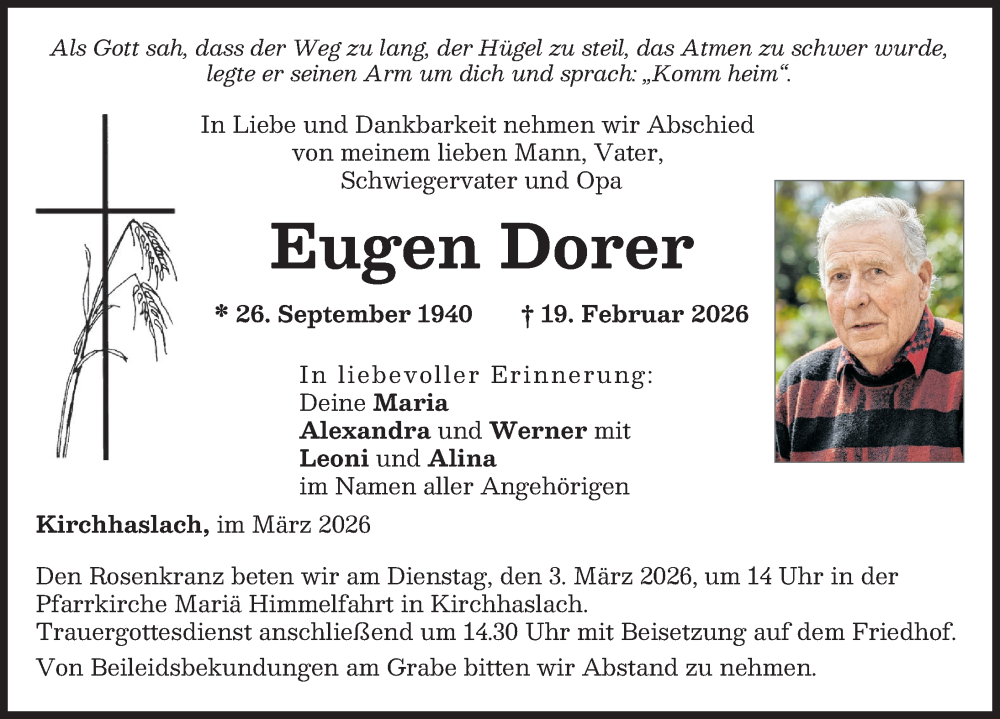 Traueranzeige von Eugen Dorer von Illertisser Zeitung