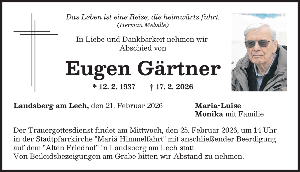  Traueranzeige für Eugen Gärtner vom 21.02.2026 aus Landsberger Tagblatt