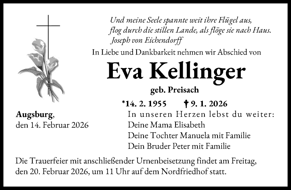  Traueranzeige für Eva Kellinger vom 14.02.2026 aus Augsburger Allgemeine