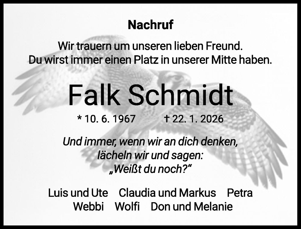  Traueranzeige für Falk Schmidt vom 04.02.2026 aus Mindelheimer Zeitung