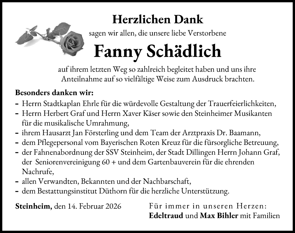  Traueranzeige für Fanny Schädlich vom 14.02.2026 aus Donau Zeitung