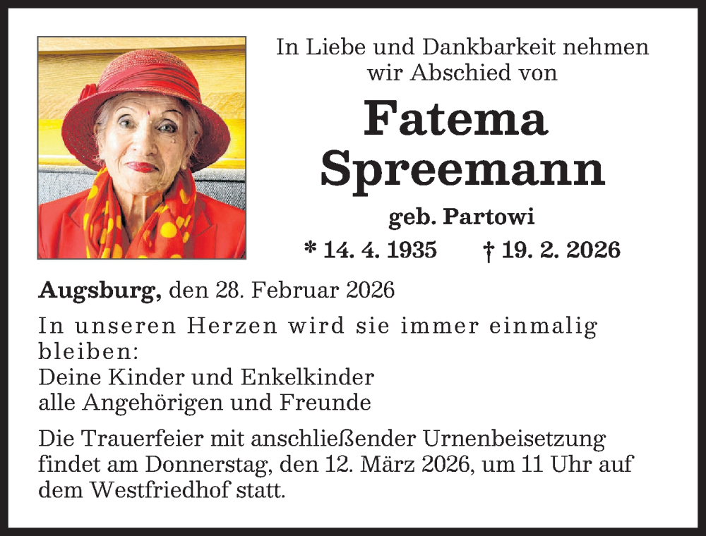  Traueranzeige für Fatema Spreemann vom 28.02.2026 aus Augsburger Allgemeine