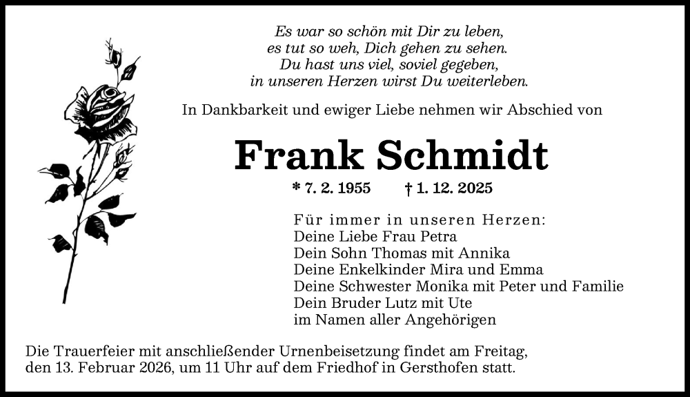  Traueranzeige für Frank Schmidt vom 07.02.2026 aus Augsburger Allgemeine