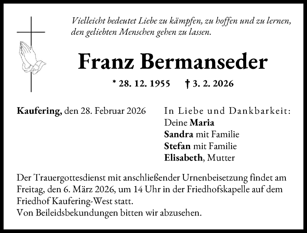  Traueranzeige für Franz Bermanseder vom 28.02.2026 aus Landsberger Tagblatt