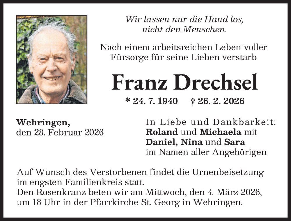 Traueranzeige von Franz Drechsel von Schwabmünchner Allgemeine