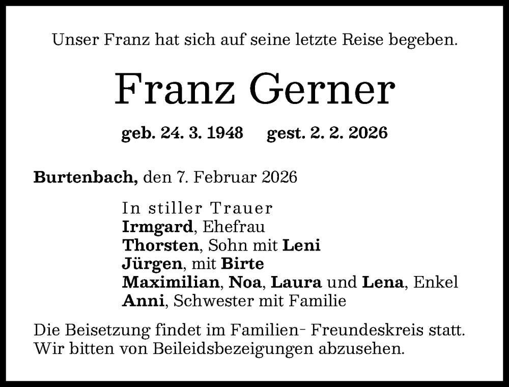  Traueranzeige für Franz Gerner vom 07.02.2026 aus Günzburger Zeitung