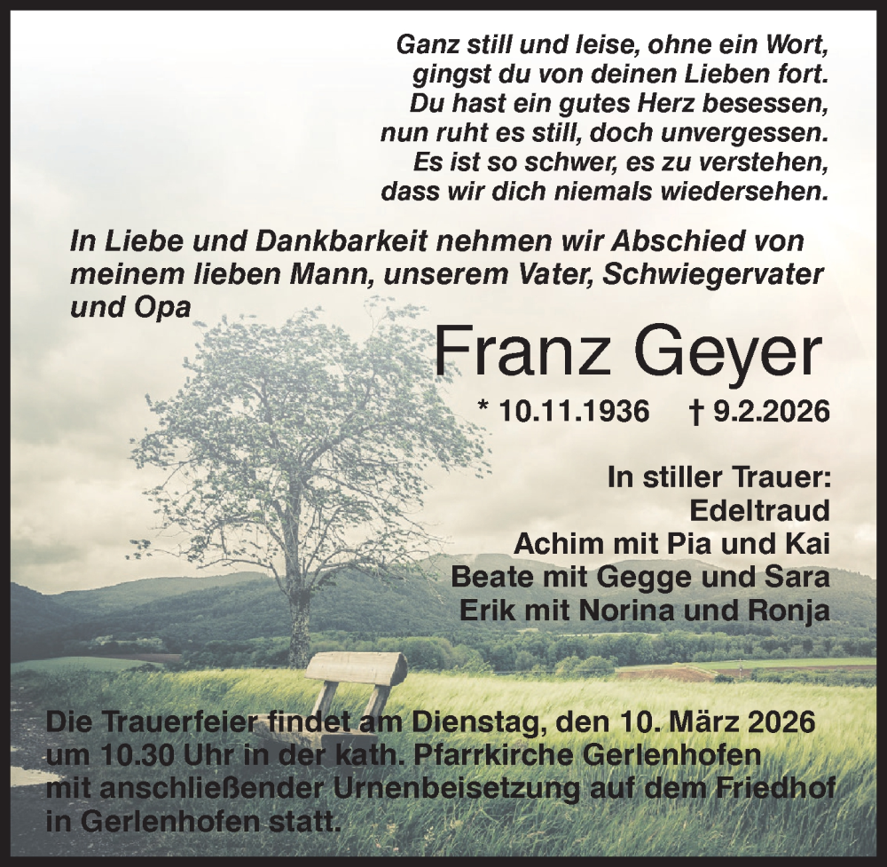  Traueranzeige für Franz Geyer vom 28.02.2026 aus Augsburger Allgemeine, Neu-Ulmer Zeitung