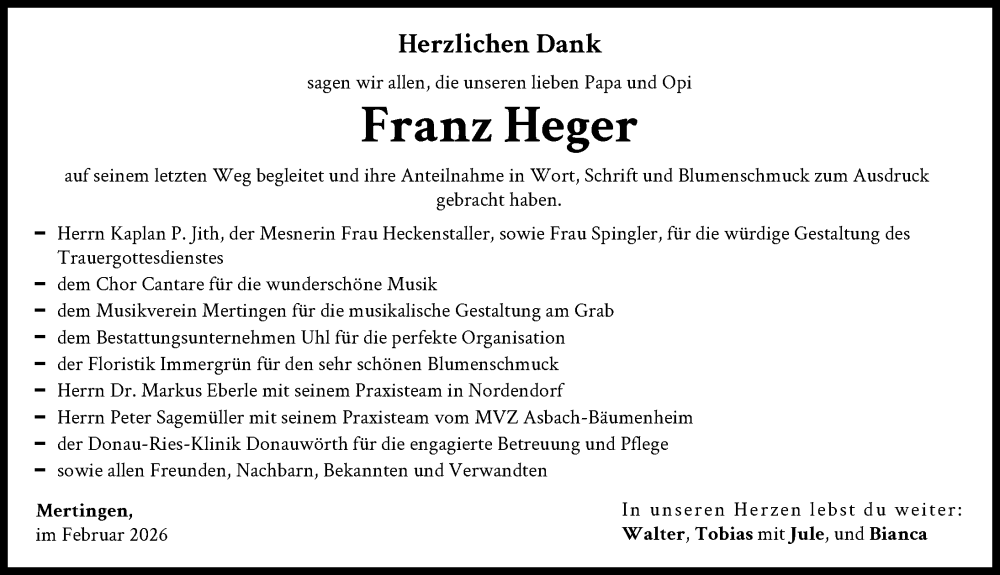  Traueranzeige für Franz Heger vom 07.02.2026 aus Donauwörther Zeitung