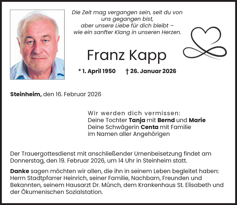  Traueranzeige für Franz Kapp vom 16.02.2026 aus Donau Zeitung