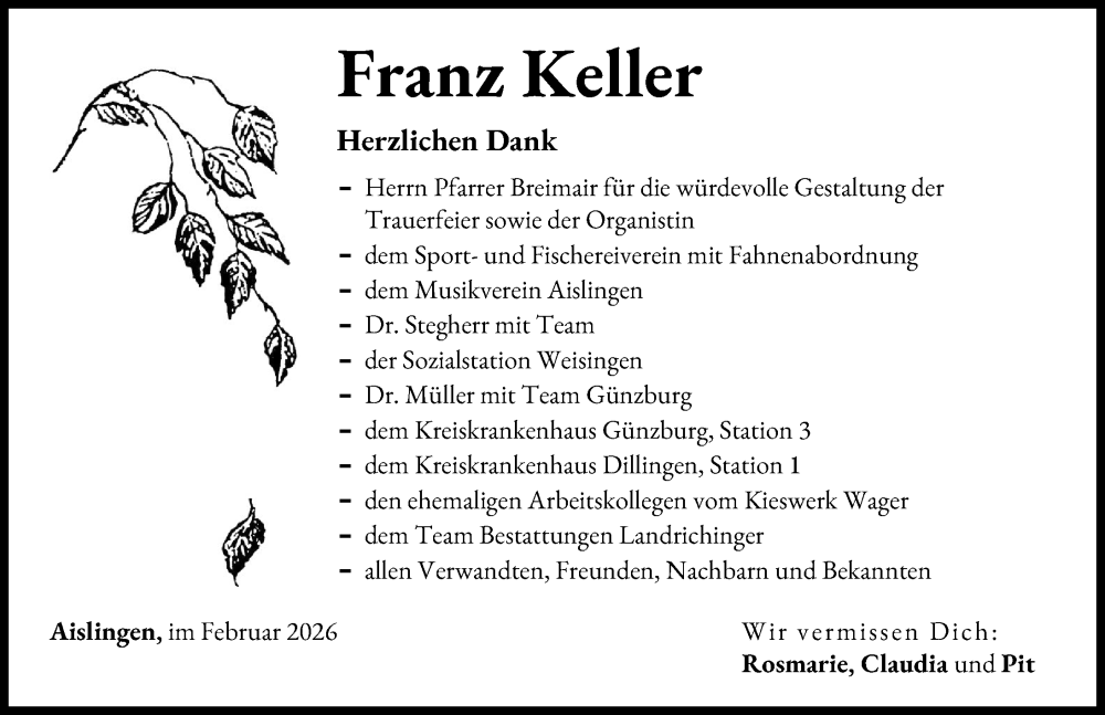  Traueranzeige für Franz Keller vom 07.02.2026 aus Donau Zeitung
