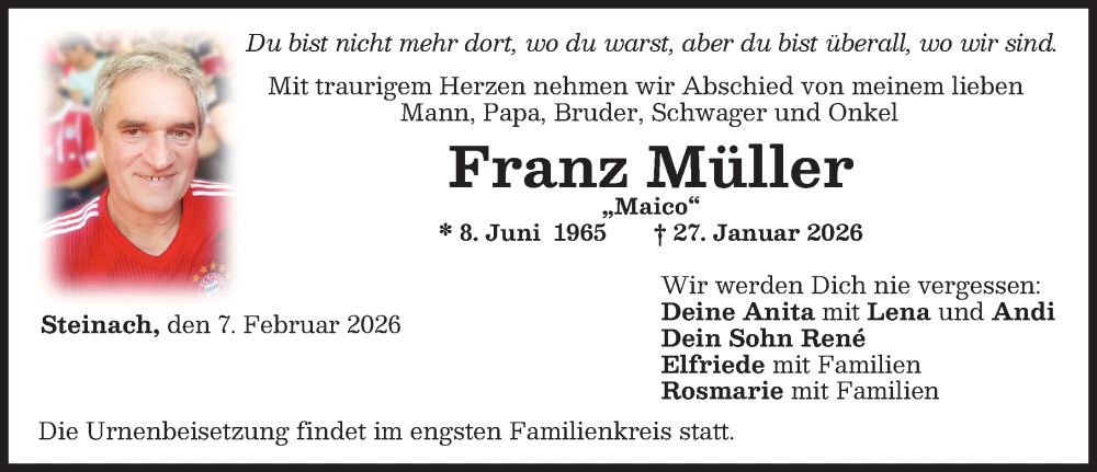  Traueranzeige für Franz Müller vom 07.02.2026 aus Mindelheimer Zeitung