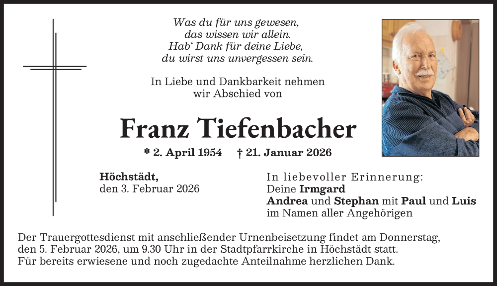  Traueranzeige für Franz Tiefenbacher vom 03.02.2026 aus Donau Zeitung