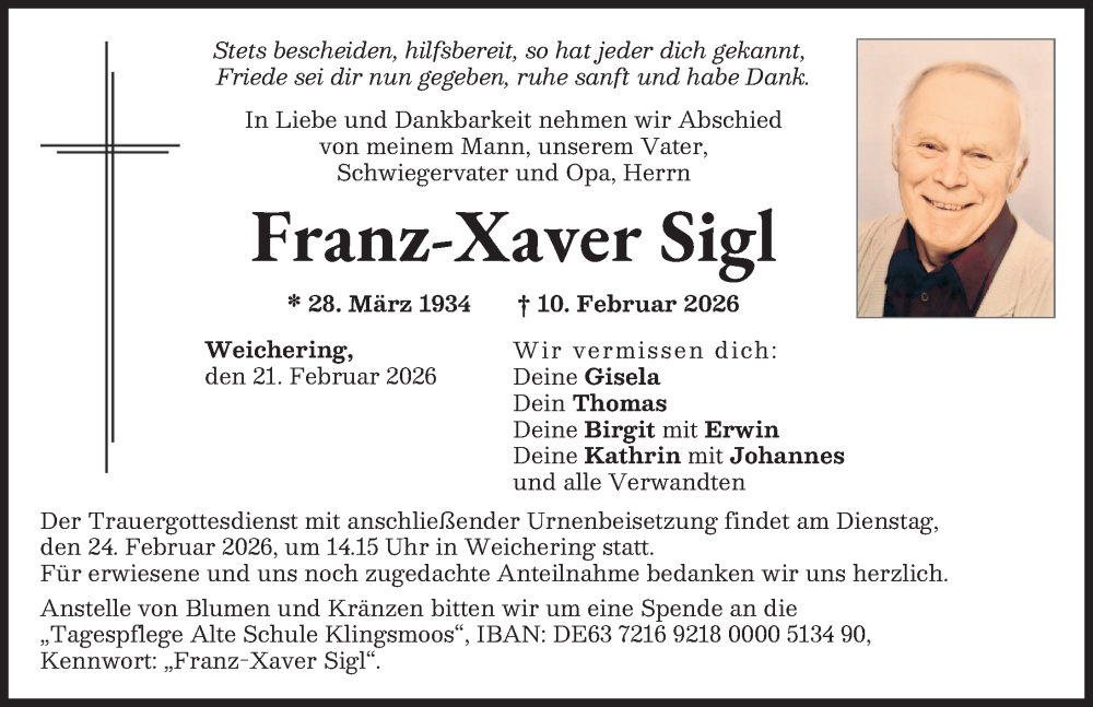  Traueranzeige für Franz-Xaver Sigl vom 21.02.2026 aus Neuburger Rundschau