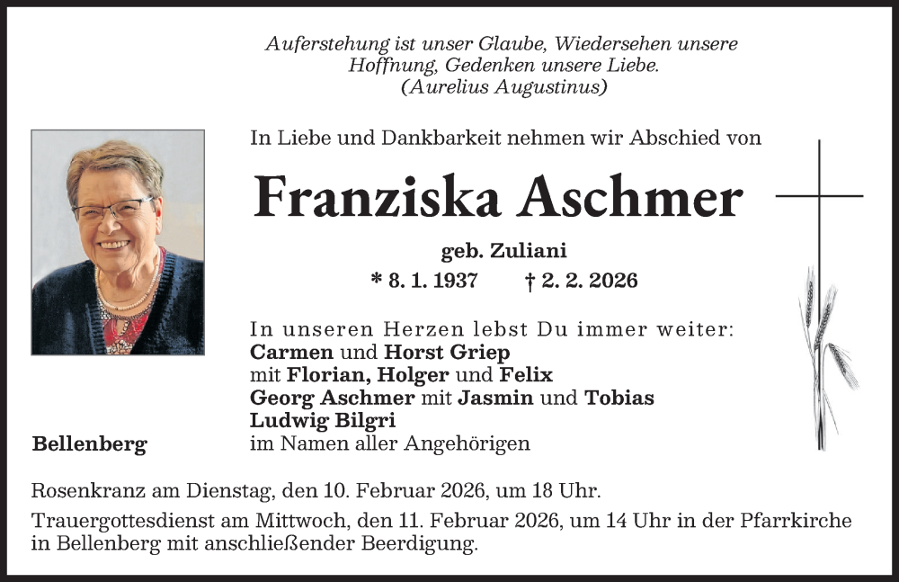  Traueranzeige für Franziska Aschmer vom 07.02.2026 aus Illertisser Zeitung