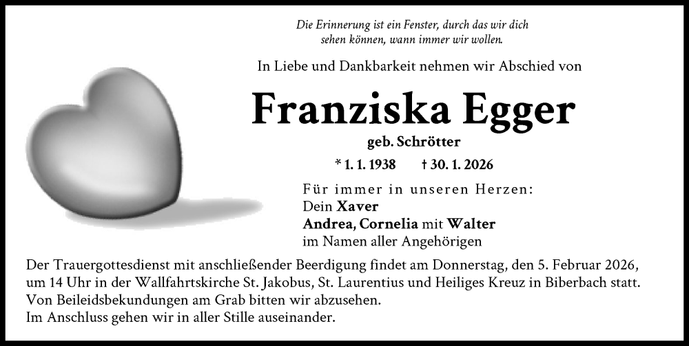  Traueranzeige für Franziska Egger vom 03.02.2026 aus Augsburg-Land, Wertinger Zeitung