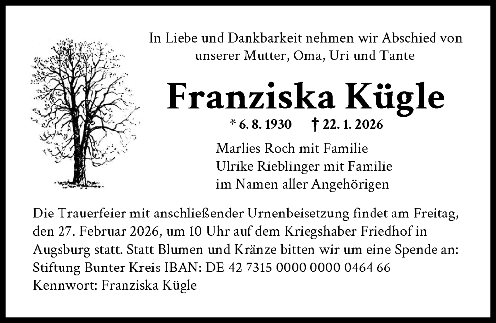  Traueranzeige für Franziska Kügle vom 21.02.2026 aus Augsburger Allgemeine