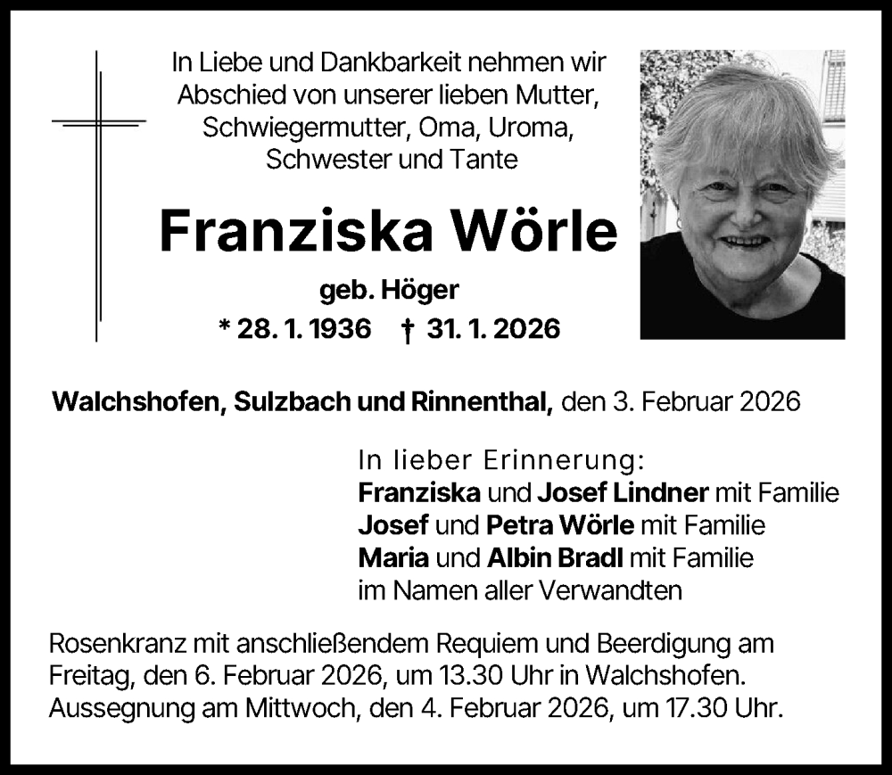  Traueranzeige für Franziska Wörle vom 03.02.2026 aus Aichacher Nachrichten